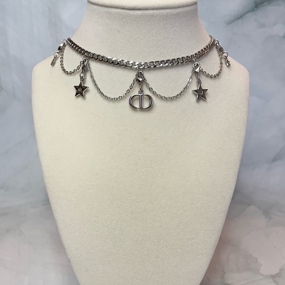 Upcycled Silver Charms Layered Cuban Link Choker Necklace